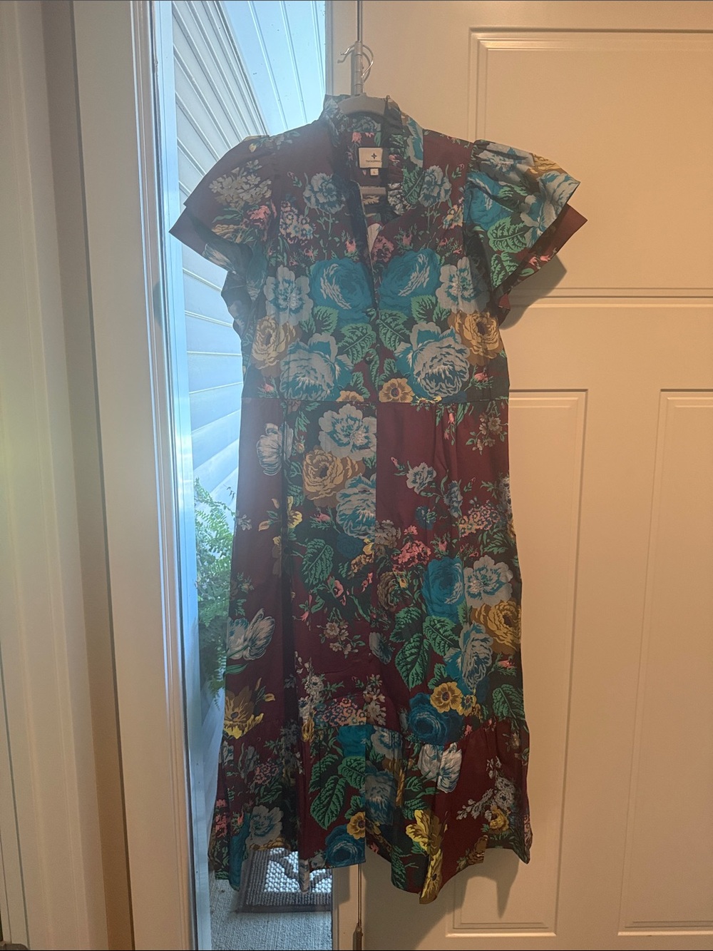 Floral Print Burgundy Midi Dress with Cap Sleeves